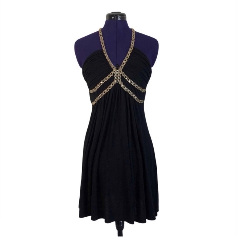 Black Gold Jeweled Rhinestone Chain Halter Dress